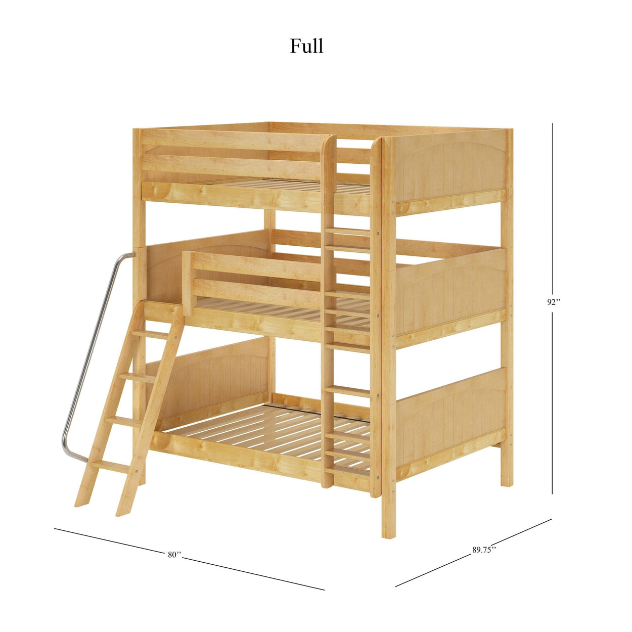Full-size three-tier solid wood bunk bed in natural finish with angled ladder and metal handrail, space-saving bedroom furniture, 92 in H x 80 in L x 89.75 in W