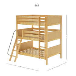 Full-size three-tier solid wood bunk bed in natural finish with angled ladder and metal handrail, space-saving bedroom furniture, 92 in H x 80 in L x 89.75 in W