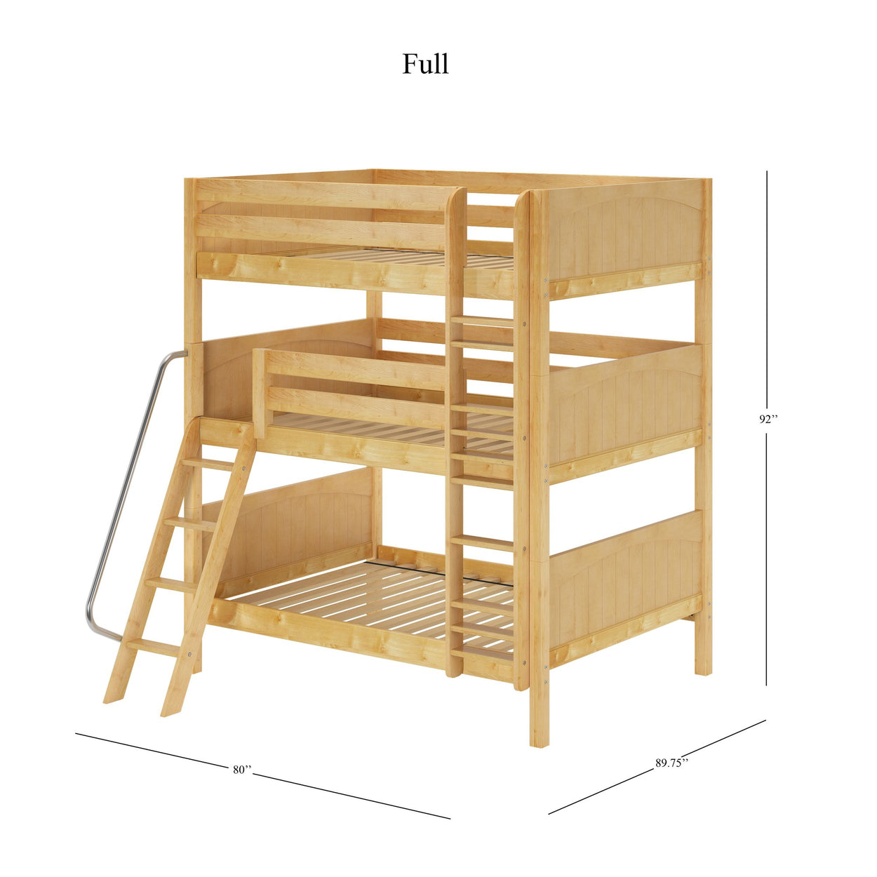 Wooden full-size triple bunk bed with ladder and slide measuring 80 inches in length, 92 inches in height, and 89.75 inches in depth.