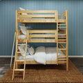 Solid wood triple bunk bed with ladders and white-and-blue bedding in a kids’ bedroom against a teal vertical paneled wall, hardwood floor and woven area rug