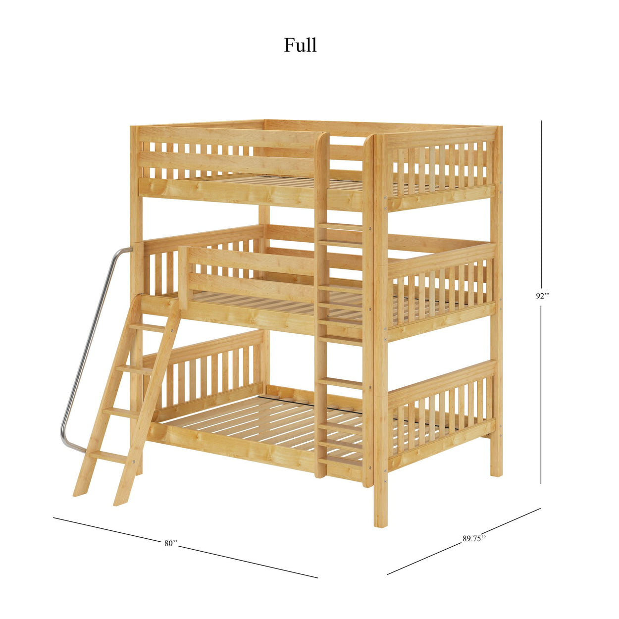 Three-tier full-size wooden bunk bed with safety rails and side ladder, ideal for maximizing space in a bedroom.