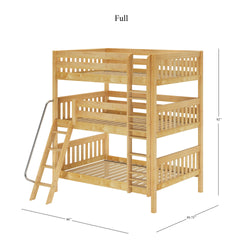 Three-tier full-size wooden bunk bed with safety rails and side ladder, ideal for maximizing space in a bedroom.