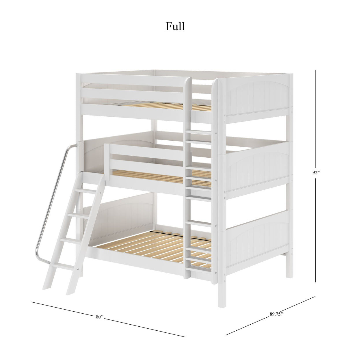 Triple bunk bed with ladder and safety guard rails, dimensions 80x89.75x92 inches, full size in white finish.