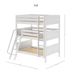 Triple bunk bed with ladder and safety guard rails, dimensions 80x89.75x92 inches, full size in white finish.