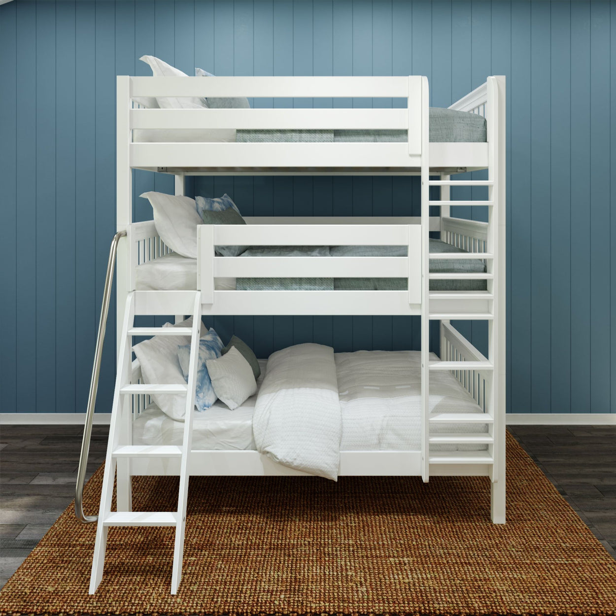 White wooden bunk bed with ladder in a modern blue-walled bedroom, featuring cozy white bedding and a rustic woven rug.