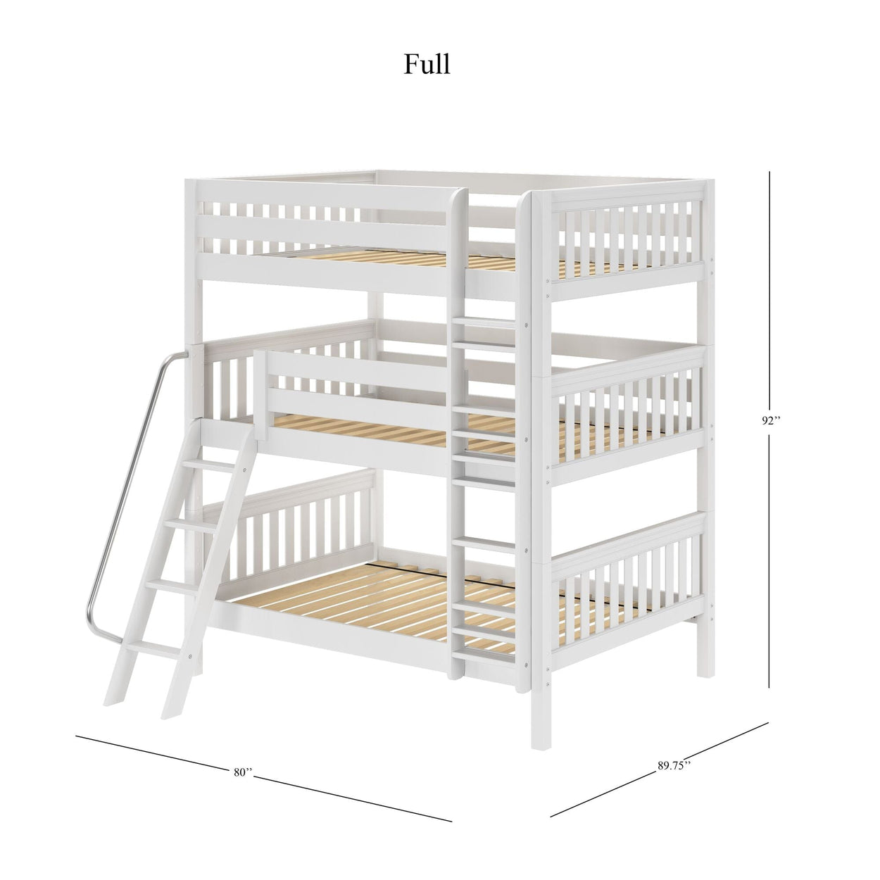 Full-size white wooden triple bunk bed with slatted rails, angled ladder and side staircase with metal handrail, space-saving kids' bedroom furniture (92 in H x 80 in W)