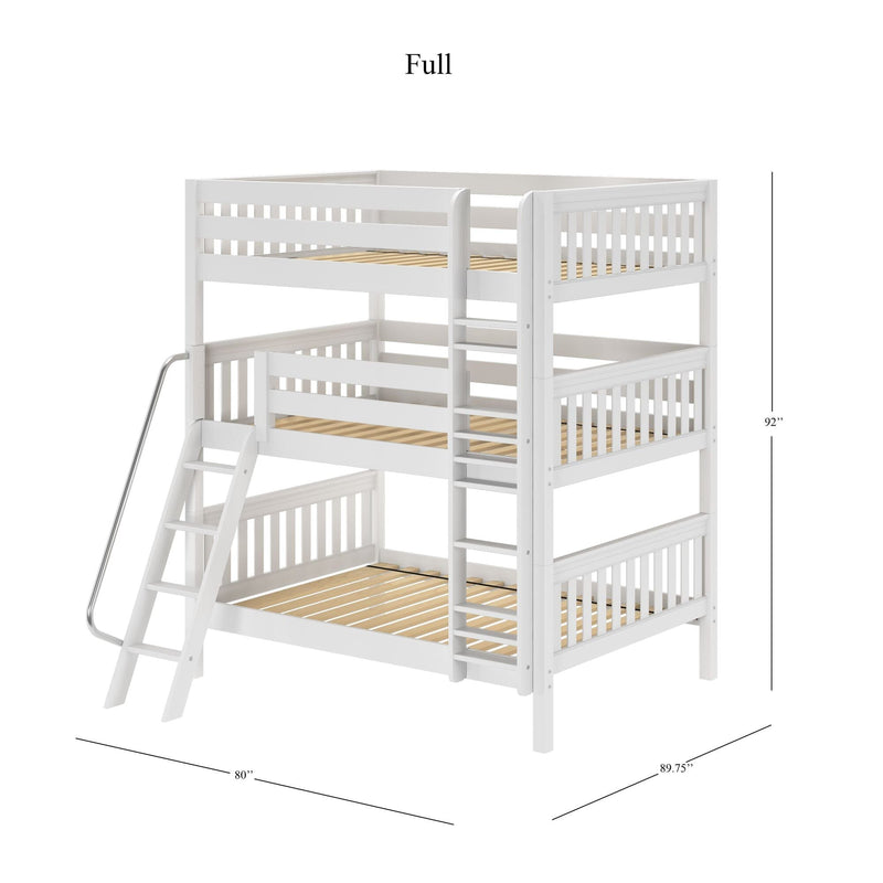 White wood triple bunk bed with built-in ladder and safety guardrails, slatted mattress platforms for kids loft or shared bedroom, dimensions 92 in H × 89.75 in D × 80 in W