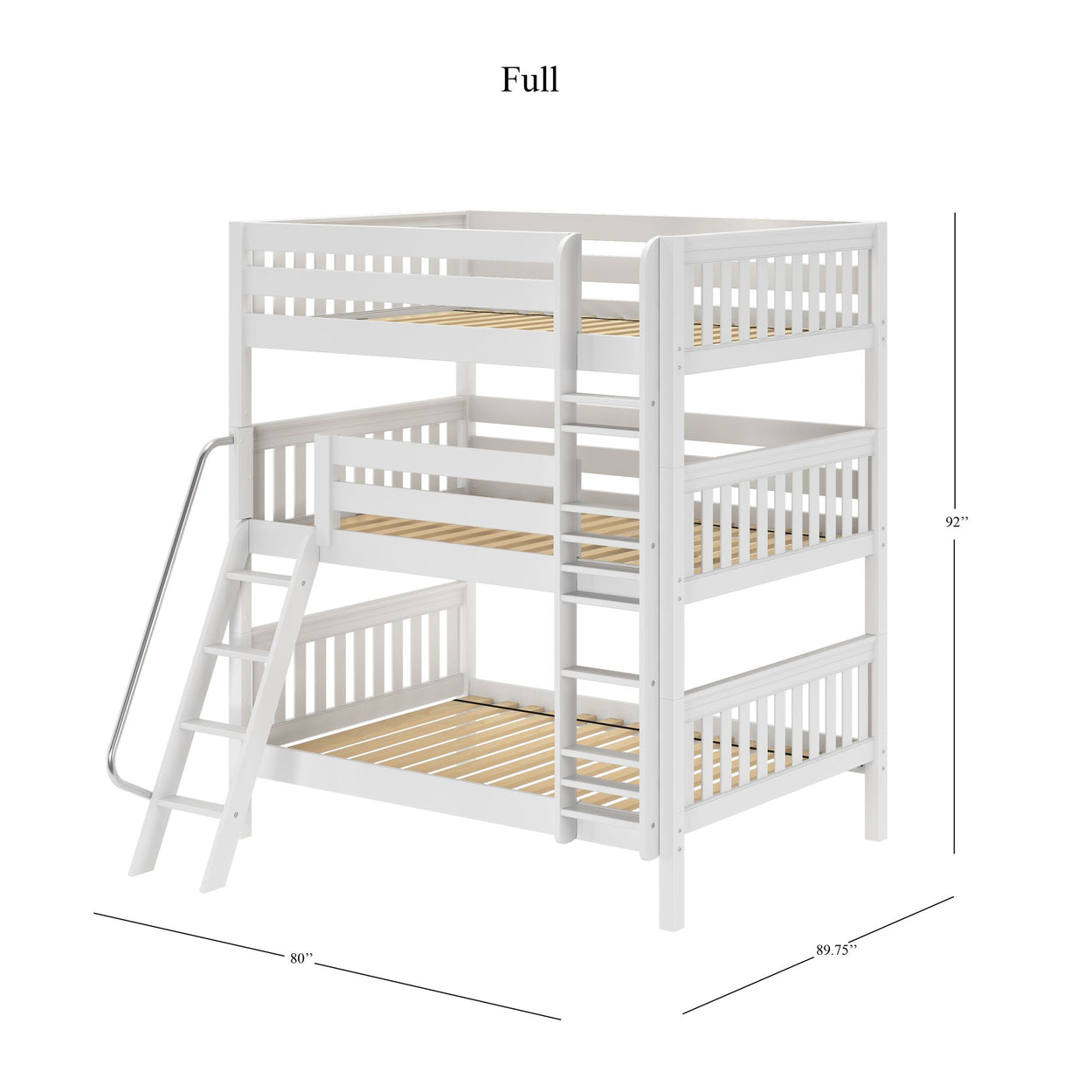 White triple bunk bed, full size, with ladder and guardrails, dimensions 80" x 89.75" x 92", ideal for maximizing space in a kids’ room.