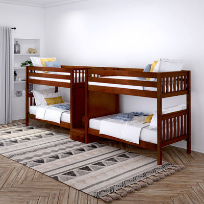 COOL CS : Multiple Bunk Beds Twin Medium Quadruple Bunk Bed with Stairs, Slat, Chestnut