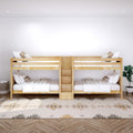 Natural wood twin bunk beds with built‑in ladder and storage drawers, white bedding and neutral pillows on a patterned rug beside a potted plant in a minimalist kids' bedroom
