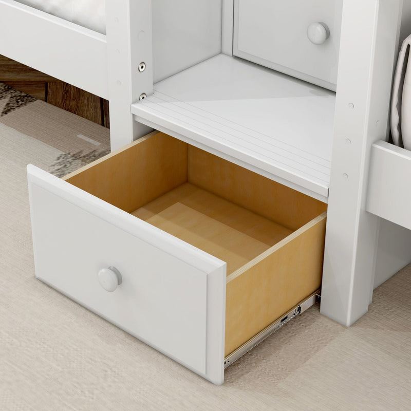 White under-bed storage drawer with maple interior and metal slide hardware, white knob on hardwood floor