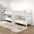 Modern minimalist kids bedroom with white twin-over-twin bunk beds, neutral boho rug, textured pillows, built-in shelves and herringbone wood floor