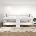 White wooden bunk beds in a minimalist kids bedroom with neutral bedding, boho area rug, herringbone hardwood floor and potted plant