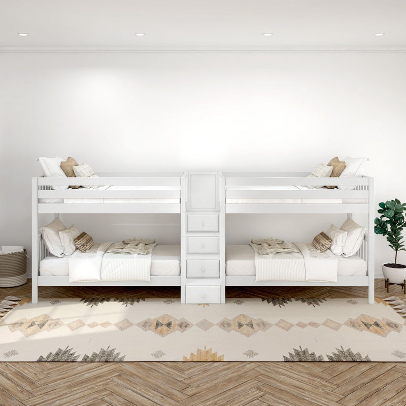 White wooden bunk beds in a minimalist kids bedroom with neutral bedding, boho area rug, herringbone hardwood floor and potted plant