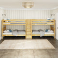 Neutral kids' bedroom with natural wood bunk beds, gray bedding, blue accent pillows, vertical shiplap walls and woven pendant light