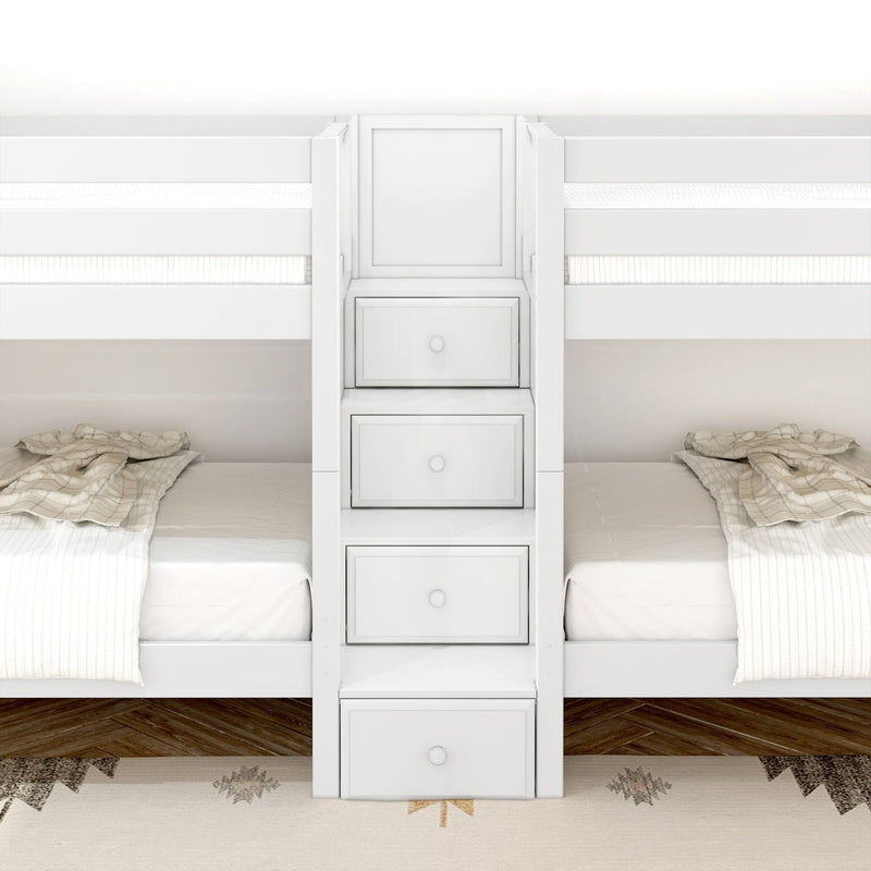 White wooden bunk bed with built-in center drawers, twin mattresses, neutral plaid bedding and hardwood floor