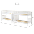 White Twin XL bunk bed frame with slatted platforms, guardrails and built-in storage stairs and drawers — modern white painted wood kids' bedroom loft bunk (186.75" L x 42.5" W x 66.75" H)