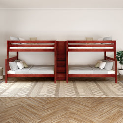 Wooden bunk beds for four with modern design in a bright bedroom setting featuring decorative floor rug and plant.