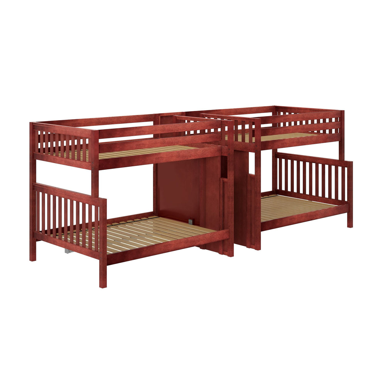 Red wooden L-shaped bunk bed with slatted design, ideal for optimizing bedroom space.