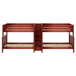 Cherry wood twin-over-twin bunk bed with center staircase and safety rails.