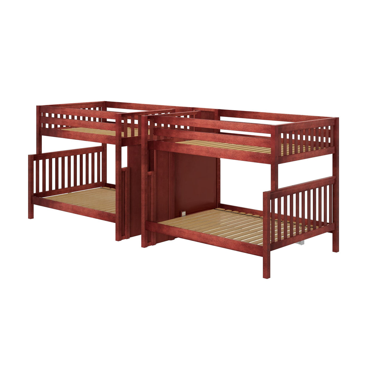 Two wooden bunk beds with simple design in a cherry finish, ideal for maximizing space in a bedroom.