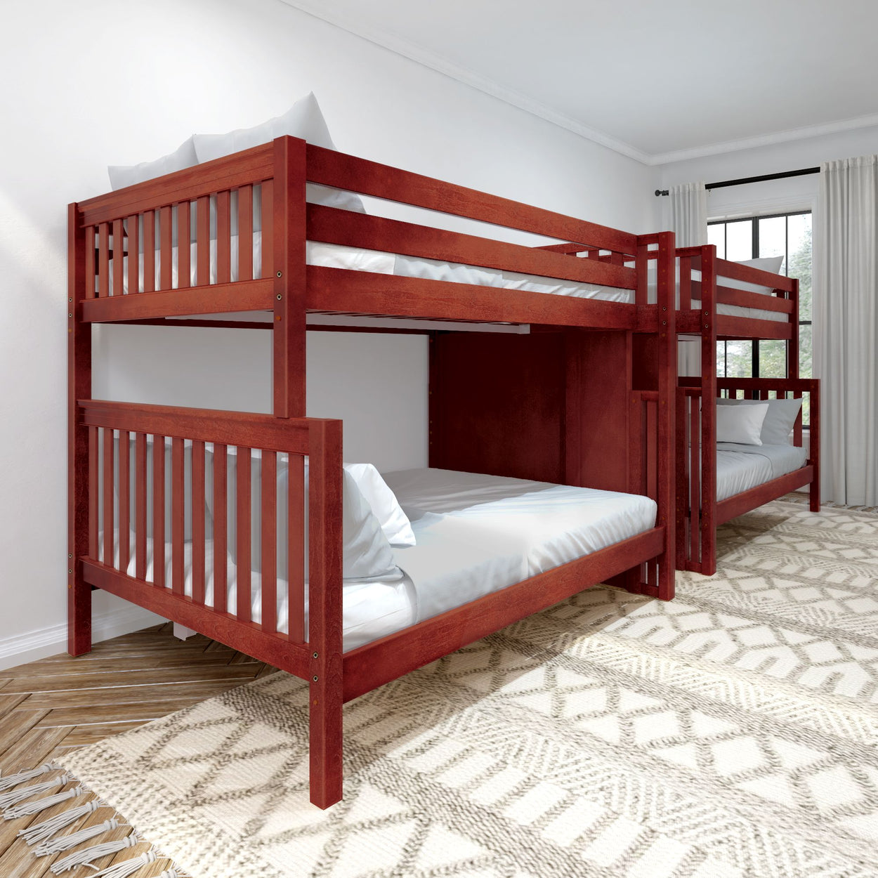 Red wooden bunk bed with white bedding in a bright, minimalist bedroom.