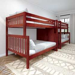 Red wooden bunk bed with white bedding in a bright, minimalist bedroom.
