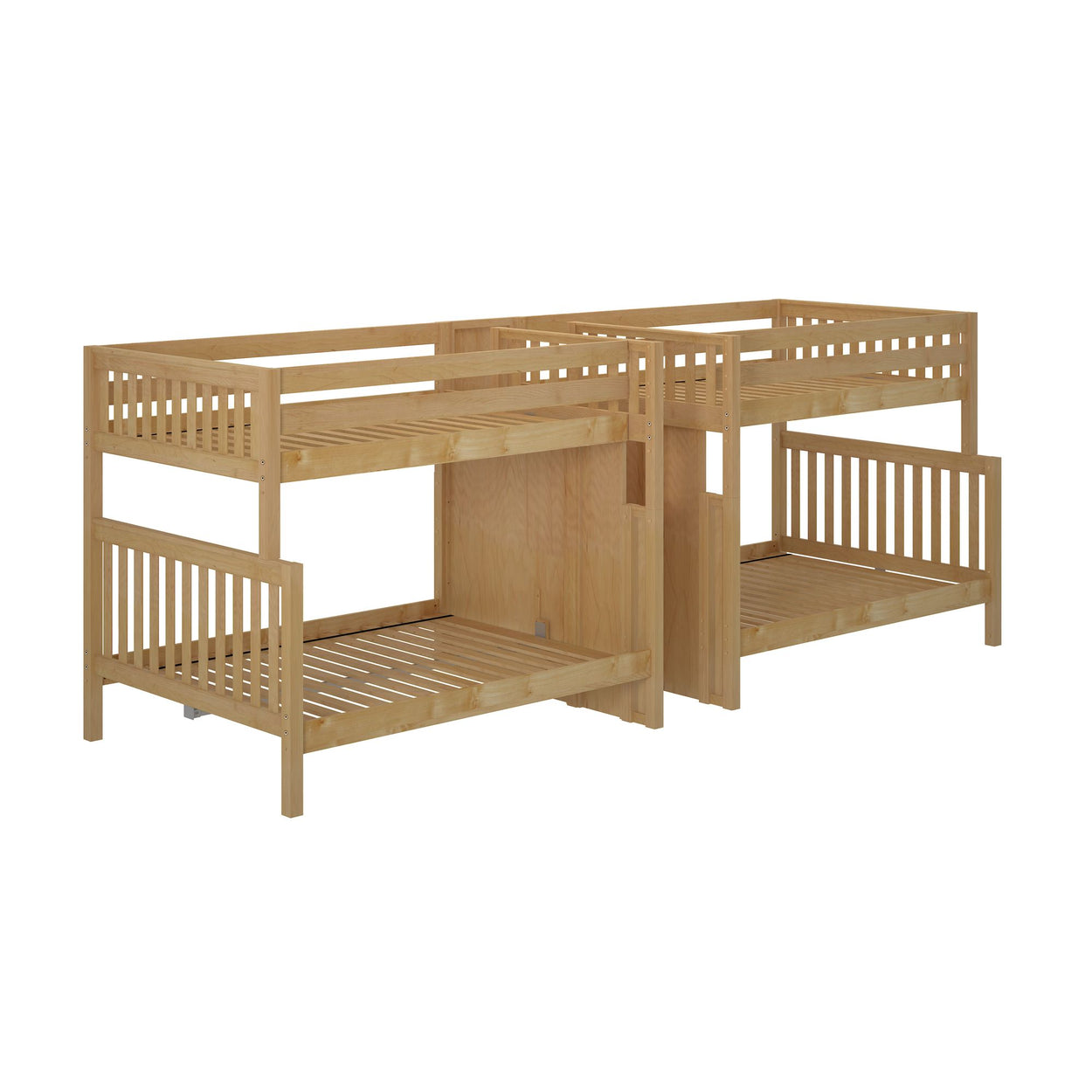 Natural wood twin bunk beds with ladder and safety rails for children’s bedroom furniture.