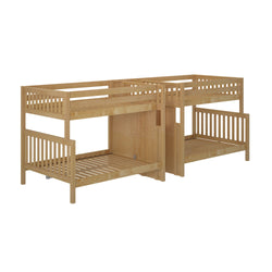 Natural wood twin bunk beds with ladder and safety rails for children’s bedroom furniture.