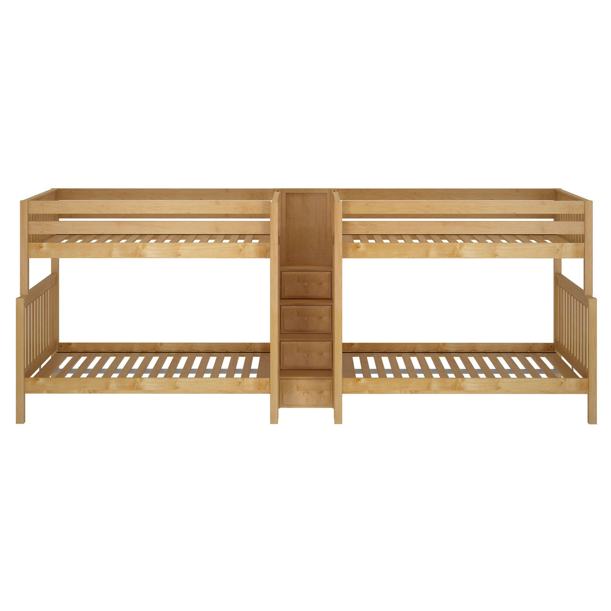 Four-person wooden bunk bed with central storage drawers in natural finish.
