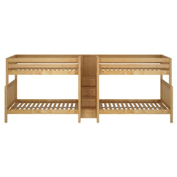 Four-person wooden bunk bed with central storage drawers in natural finish.