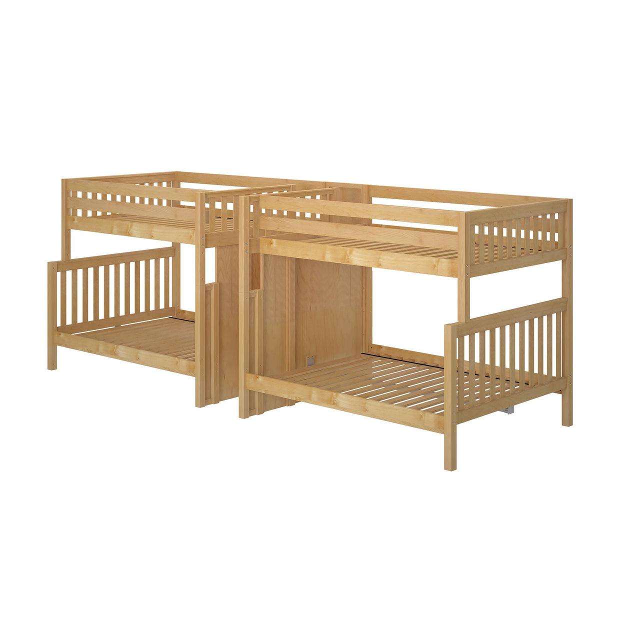 Natural wood twin bunk bed frame on white background.