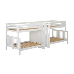 Modern white wooden bunk bed with safety rails and slatted base, suitable for children's bedroom furniture.