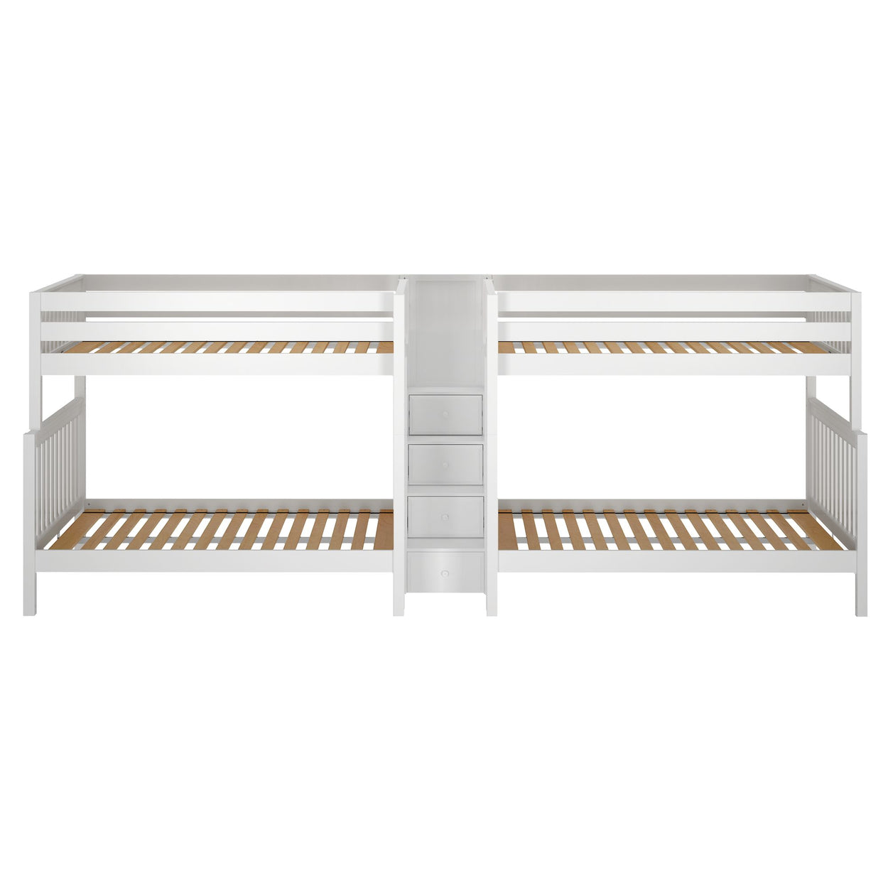 White twin triple bunk bed with ladder and storage drawers, ideal for maximizing space in children's bedrooms.