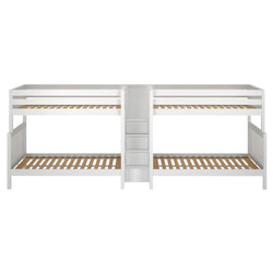 White twin triple bunk bed with ladder and storage drawers, ideal for maximizing space in children's bedrooms.