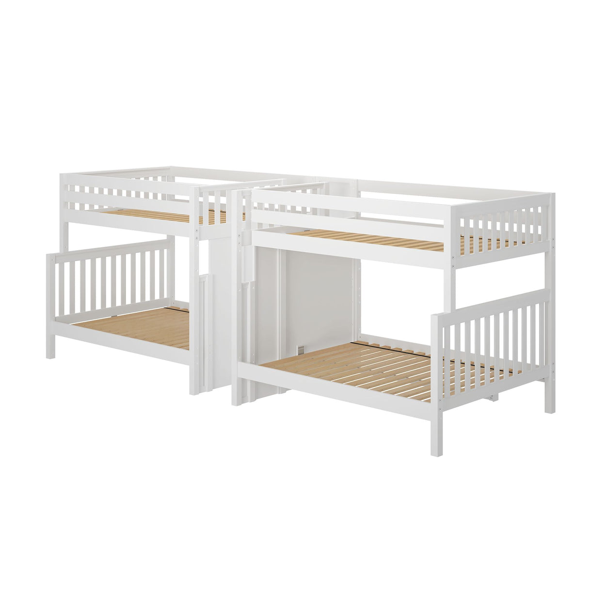 White wooden bunk beds with safety rails and slatted bases, ideal for children's room space-saving solutions.