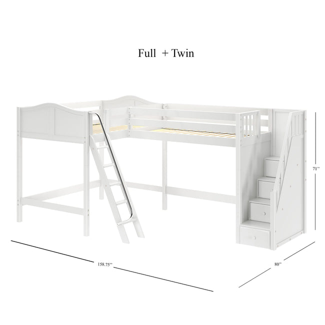 CREST WC : Corner Loft Beds Full + Twin High Corner Loft Bed with Ladder + Stairs - R, Curve, White