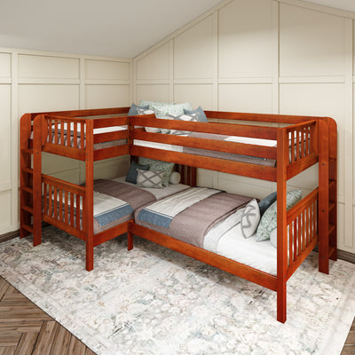 CROSS 1 CS : Multiple Bunk Beds Full + Twin Medium Corner Bunk with Straight Ladders on Ends, Slat, Chestnut