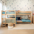 Light wood kids bunk beds with teal bedding in a coastal kids bedroom featuring beach-themed wallpaper with palm trees, surfboards, and lifeguard huts