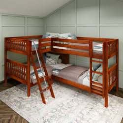 Elegant wooden L-shaped bunk bed with ladder in a cozy bedroom setting.