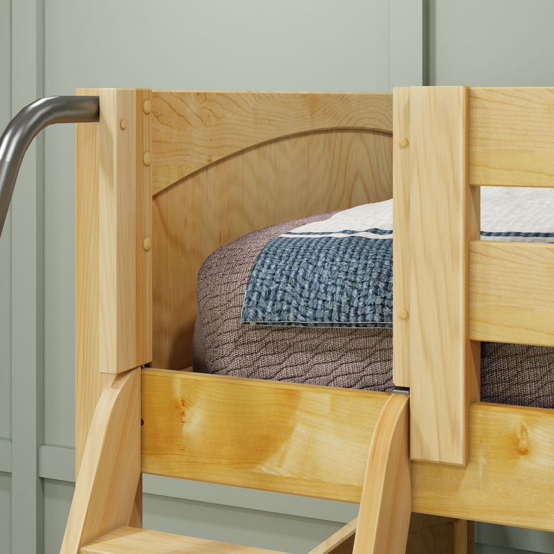 Close-up of solid pine wooden bunk bed ladder and safety guardrail with blue knit blanket and textured gray bedding