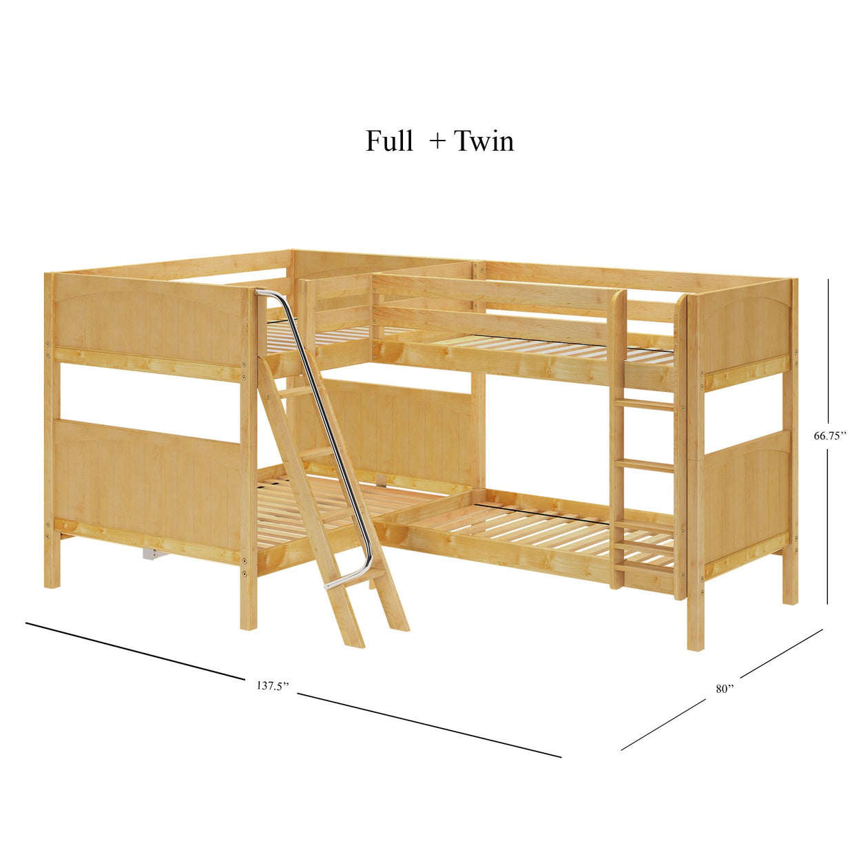 Wooden L-shaped twin over full bunk bed with ladder and measurements.