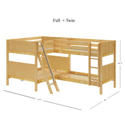 Wooden L-shaped twin over full bunk bed with ladder and measurements.