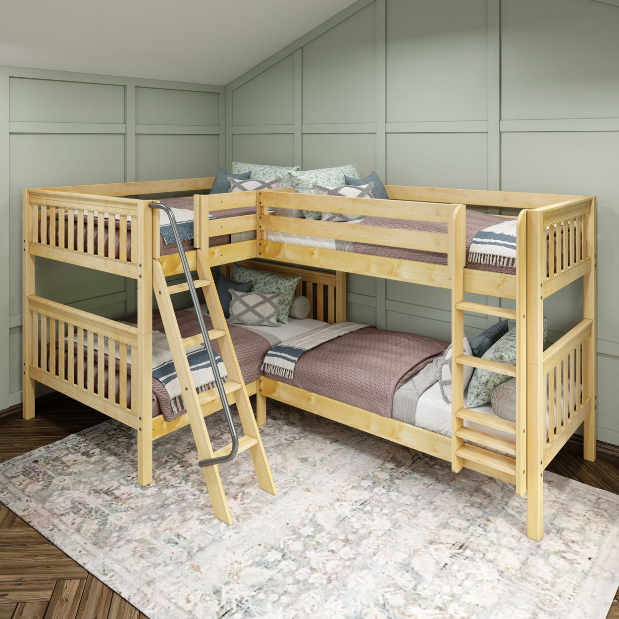 Natural wood corner bunk bed in a stylish bedroom with pastel green walls and decorative pillows.