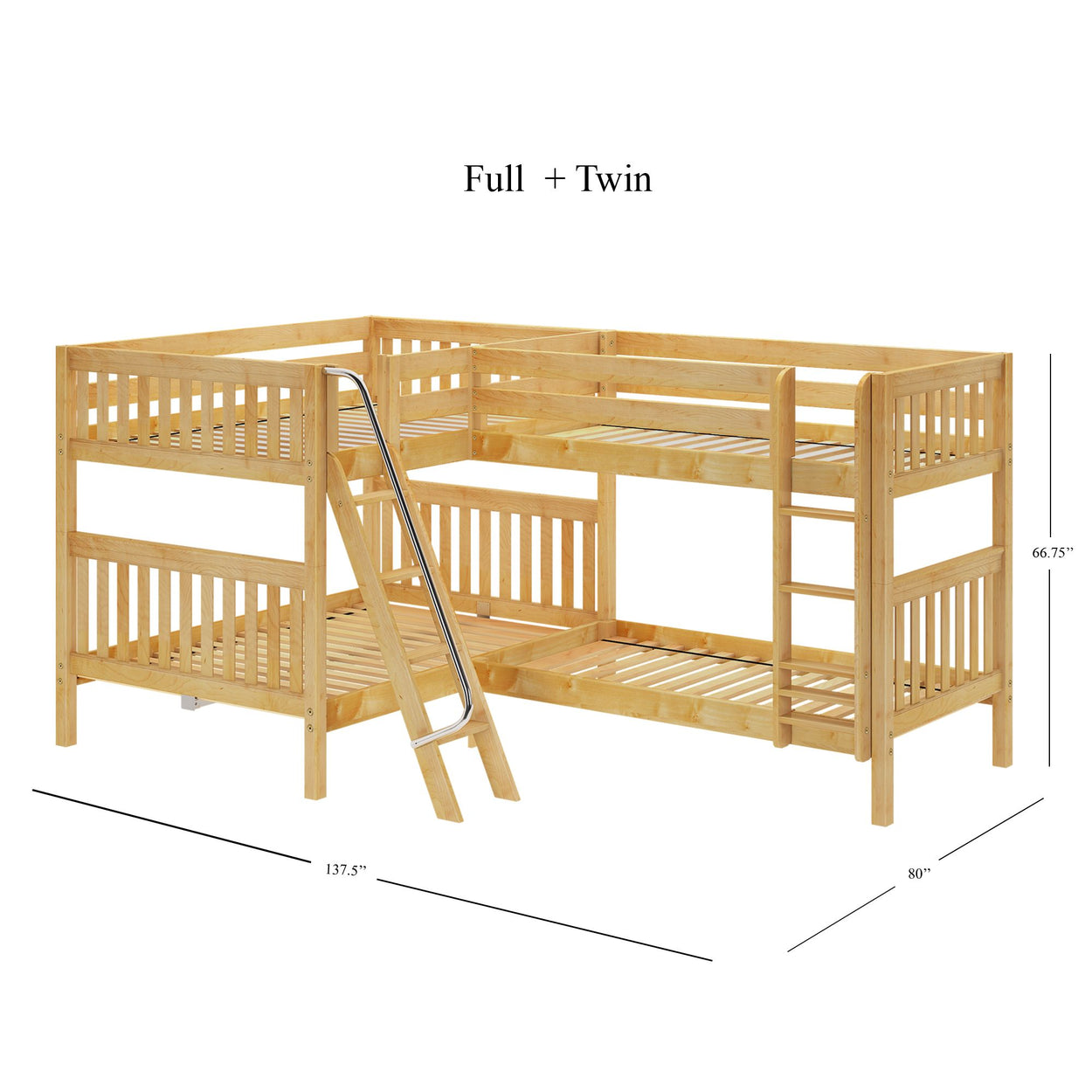 L-shaped wooden bunk bed with full and twin size beds, featuring safety rails and a metal ladder, ideal for maximizing bedroom space.