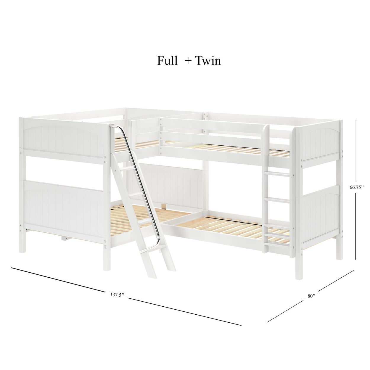 L-shaped white wooden bunk bed with full and twin sizes, featuring a ladder and railings, dimensions 137.5" x 80" x 66.75".