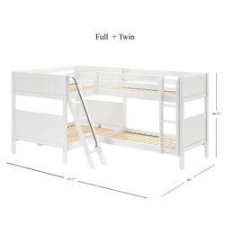 L-shaped white wooden bunk bed with full and twin sizes, featuring a ladder and railings, dimensions 137.5" x 80" x 66.75".