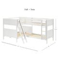 White wooden L-shaped bunk bed Full + Twin configuration with ladder, safety rails and slatted mattress platforms, convertible kids loft bunk bed, dimensions 137.5 x 80 x 66.75 inches