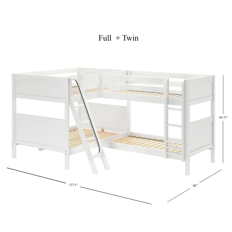 White wooden L-shaped bunk bed Full + Twin configuration with ladder, safety rails and slatted mattress platforms, convertible kids loft bunk bed, dimensions 137.5 x 80 x 66.75 inches