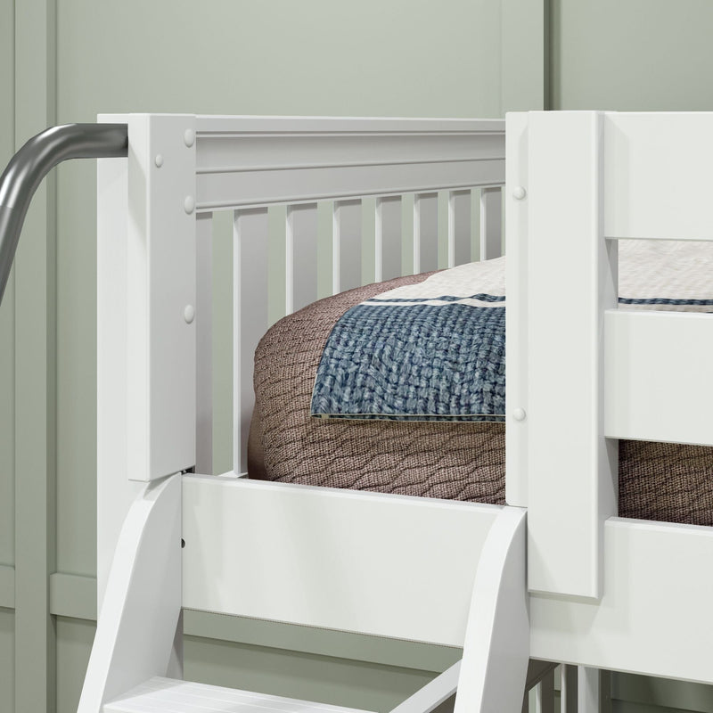 Close-up of white wooden bunk bed ladder and safety guardrail with blue quilt and mint-green paneled wall in a modern children's bedroom